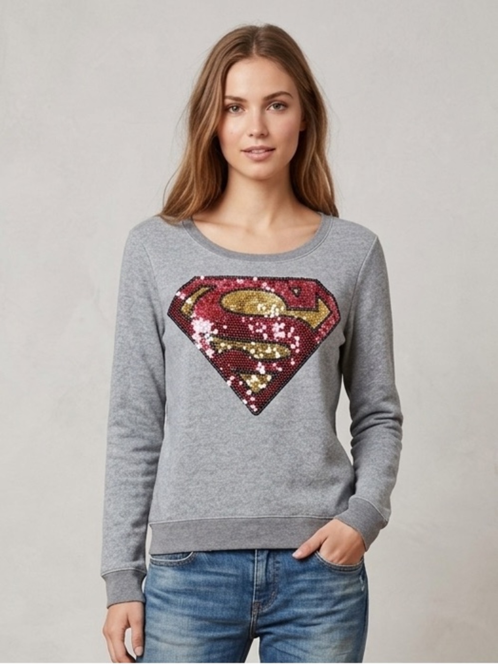 Y2K Superman Sequin Logo Sweatshirt Crew Neck Long Sleeve Red Gold Gray XS